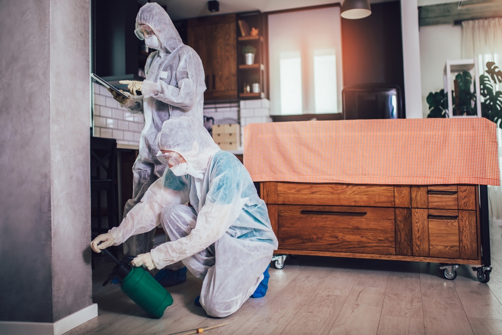 Pest exterminator in full protective gear treating a home for insect infestation.