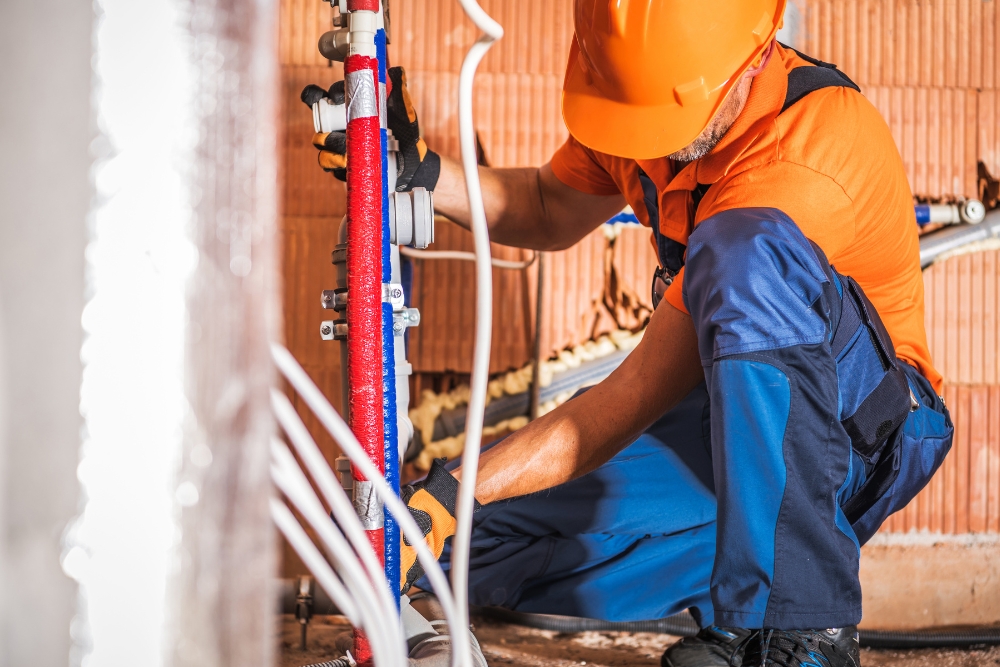 Professional plumber in protective gear repairing a residential pipe system during a plumbing service.