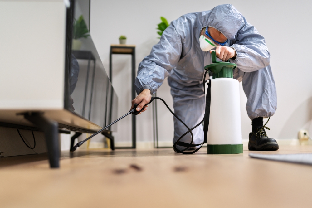 Pest exterminator in full protective gear treating a home for insect infestation.